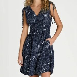 TIME & TRU Tie Shoulder Sweet Boho Navy Floral Coastal Cowgirl Mini Dress NWT